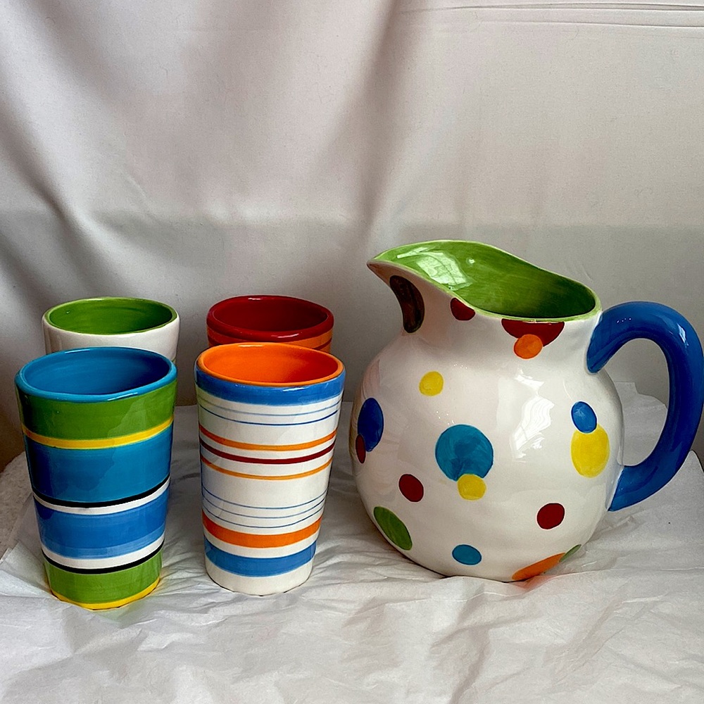 Hand-Painted Polka Dot Pitcher & Four Striped Cups, by New Creative Enterprises